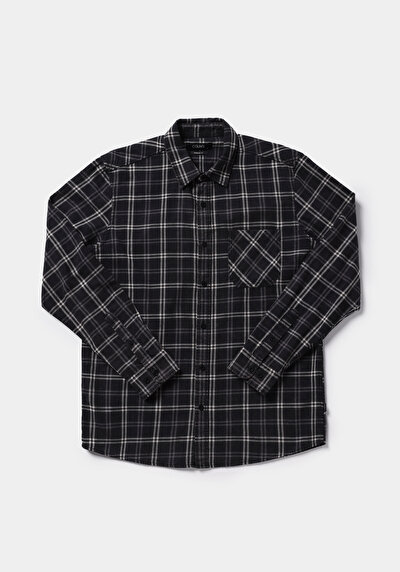 Image de Chemise À Manches Longues Noir Regular Fit Plaid Sergé Homme