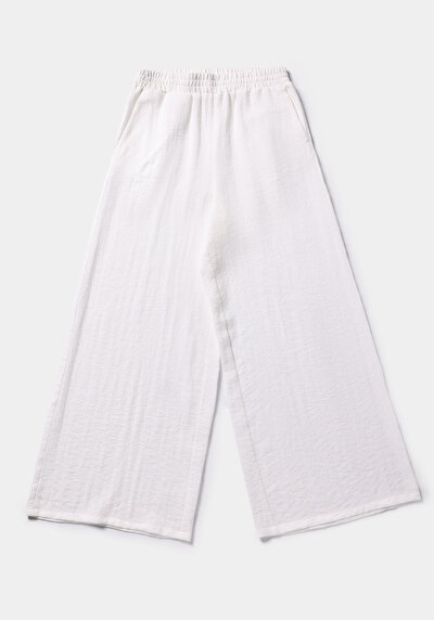 Afficher les détails de Pantalon Blanc Wide Leg High Rise En Ratière Regular Fit Femme