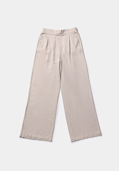 Afficher les détails de Pantalon Beige Straight Leg High Rise En Sergé Regular Fit Femme