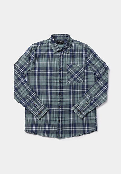 Image de Chemise À Manches Longues Vert Regular Fit Plaid Sergé Homme