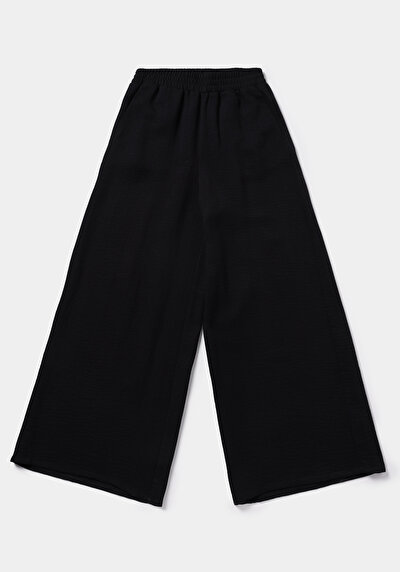Afficher les détails de Pantalon Noir Wide Leg High Rise En Ratière Regular Fit Femme