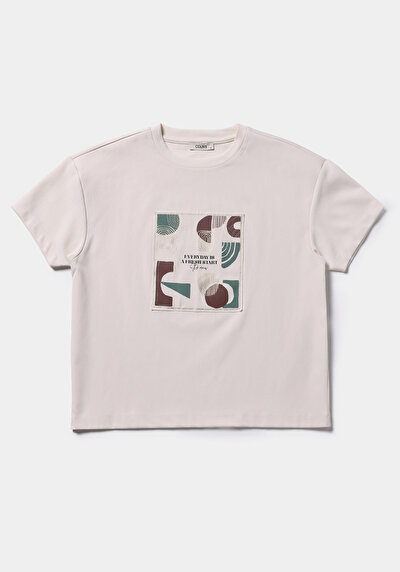 Afficher les détails de T-shirt À Manches Courtes Ecru Regular Fit Imprimé Femme