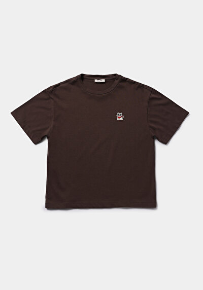 Image de T-shirt À Manches Courtes Marron Boyfriend Fit Brodé Femme