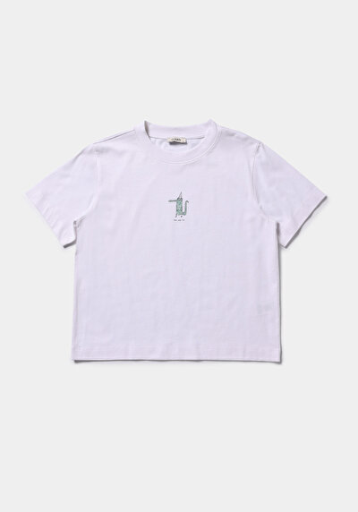 Image de T-shirt À Manches Courtes Blanc Boxy Fit Imprimé Femme