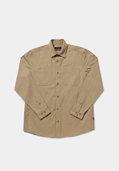 Image de Chemise À Manches Longues Marron Relaxed Fit Droit Sergé Homme