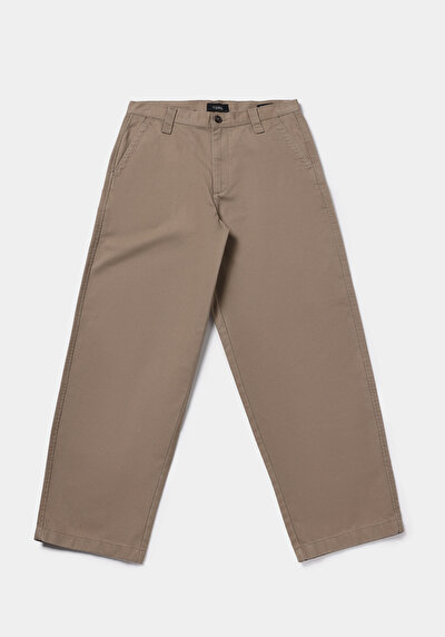 Afficher les détails de Pantalon Beige Crop Wide Leg Medium Rise En Sergé Relaxed Fit Homme