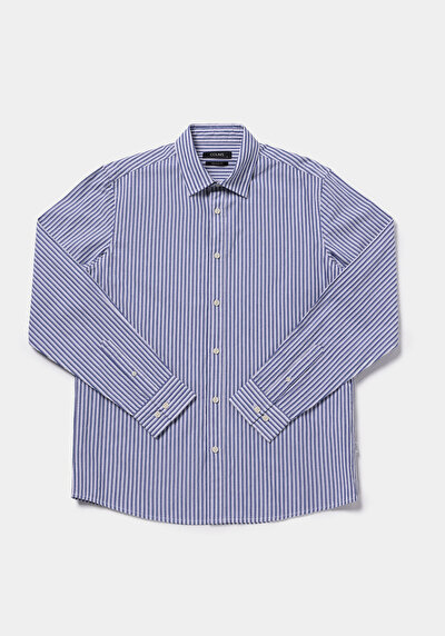Afficher les détails de Chemise À Manches Longues Bleu Regular Fit Rayé Sergé Homme
