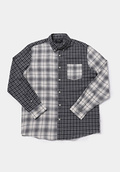 Afficher les détails de Chemise À Manches Longues Gris Relaxed Fit Plaid Sergé Homme