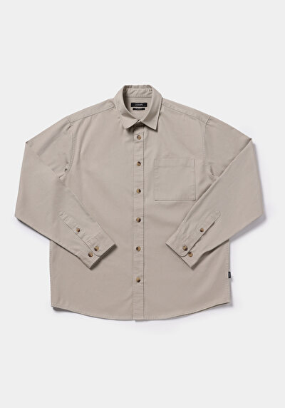 Image de Chemise À Manches Longues Beige Relaxed Fit Droit Ratière Homme