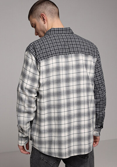 Afficher les détails de Chemise À Manches Longues Gris Relaxed Fit Plaid Sergé Homme