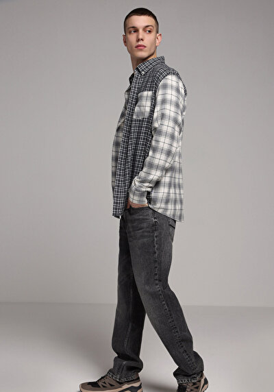 Image de Chemise À Manches Longues Gris Relaxed Fit Plaid Sergé Homme
