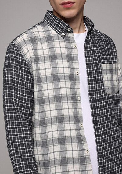 Afficher les détails de Chemise À Manches Longues Gris Relaxed Fit Plaid Sergé Homme