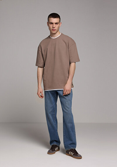 Image de T-shirt À Manches Courtes Marron Oversize Fit Droit Homme