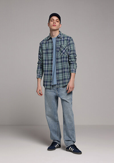 Image de Chemise À Manches Longues Vert Regular Fit Plaid Sergé Homme