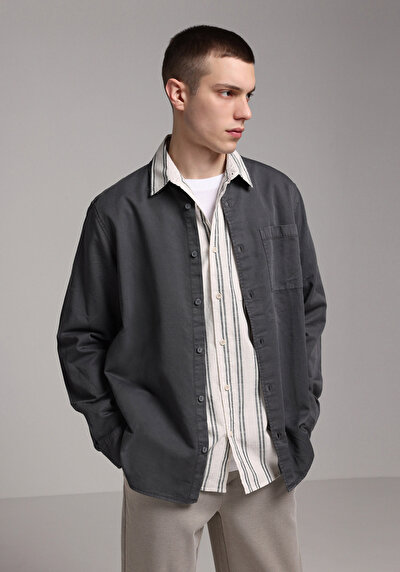 Image de Chemise À Manches Longues Gris Relaxed Fit Droit Sergé Homme