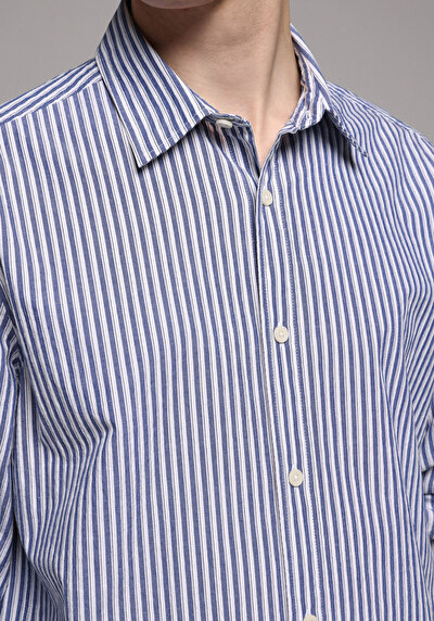 Image de Chemise À Manches Longues Bleu Regular Fit Rayé Sergé Homme