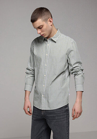 Image de Chemise À Manches Longues Vert Regular Fit Rayé Sergé Homme
