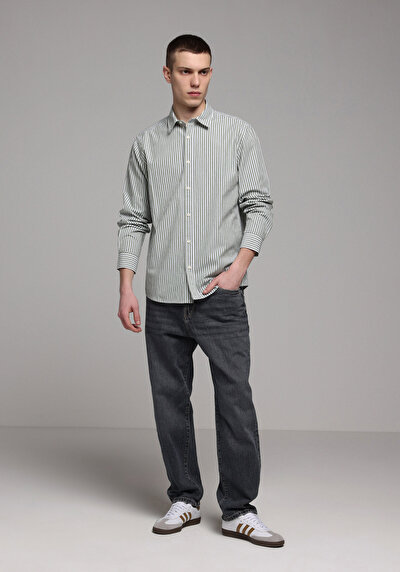 Image de Chemise À Manches Longues Vert Regular Fit Rayé Sergé Homme