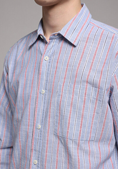 Afficher les détails de Chemise À Manches Longues Bleu Regular Fit Rayé Sergé Homme