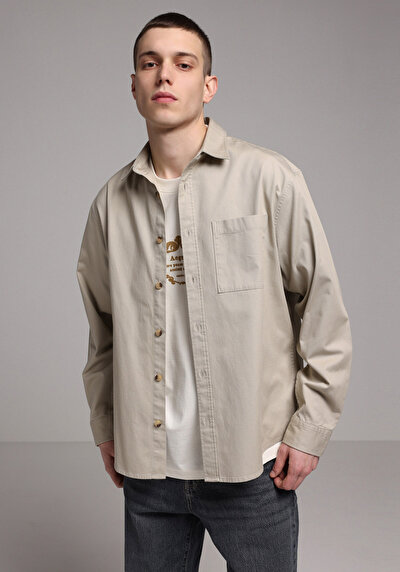 Image de Chemise À Manches Longues Beige Relaxed Fit Droit Ratière Homme