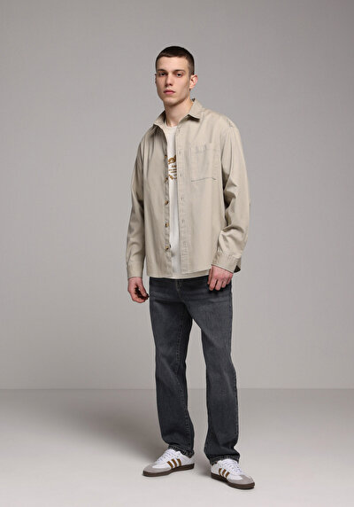 Image de Chemise À Manches Longues Beige Relaxed Fit Droit Ratière Homme