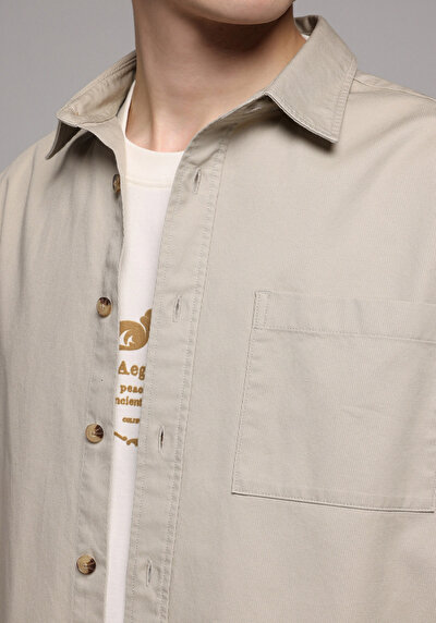 Image de Chemise À Manches Longues Beige Relaxed Fit Droit Ratière Homme