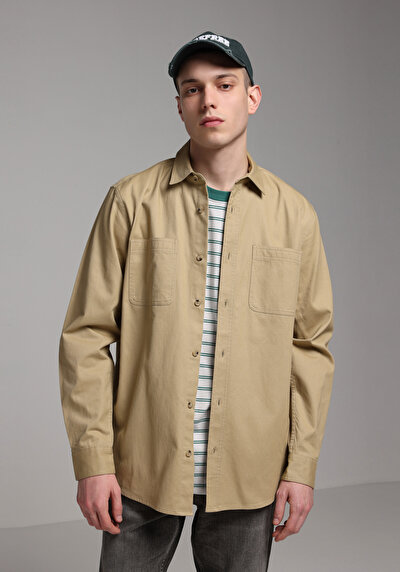 Image de Chemise À Manches Longues Marron Relaxed Fit Droit Sergé Homme