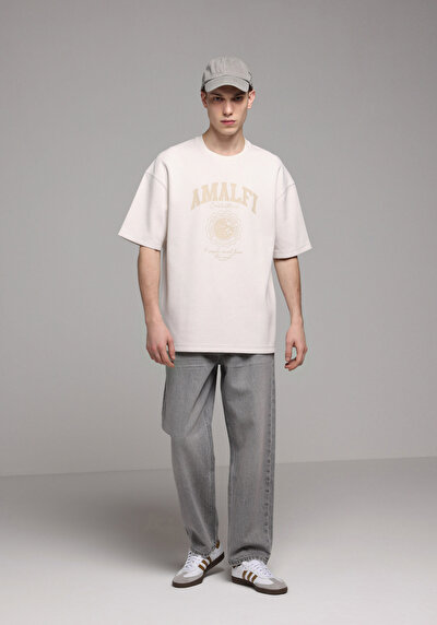 Image de T-shirt À Manches Courtes Beige Oversize Fit Droit Homme