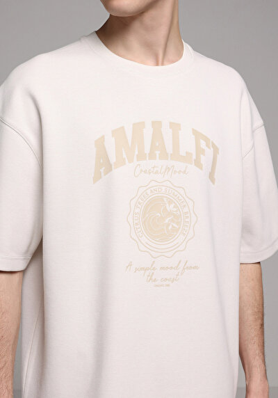 Image de T-shirt À Manches Courtes Beige Oversize Fit Droit Homme