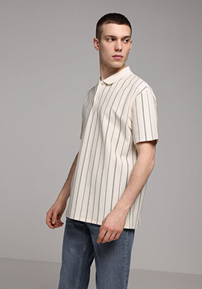 Afficher les détails de T-shirt Polo À Manches Courtes Ecru Rayé Comfort Fit Homme