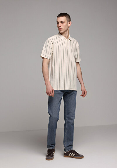 Afficher les détails de T-shirt Polo À Manches Courtes Ecru Rayé Comfort Fit Homme