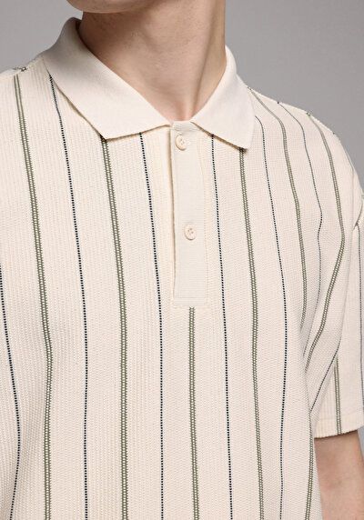 Afficher les détails de T-shirt Polo À Manches Courtes Ecru Rayé Comfort Fit Homme