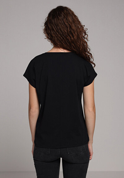 Image de T-shirt À Manches Courtes Noir Regular Fit Imprimé Femme