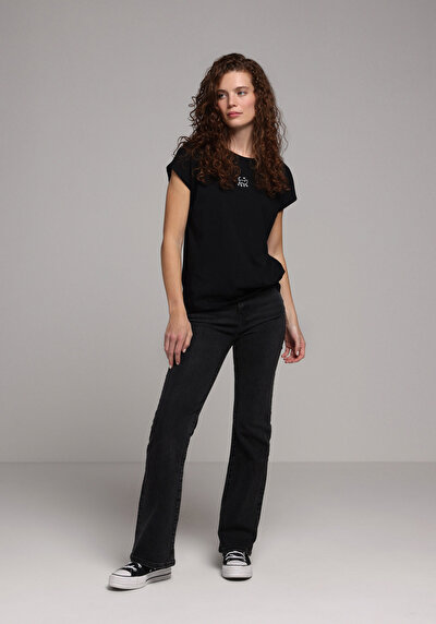Image de T-shirt À Manches Courtes Noir Regular Fit Imprimé Femme