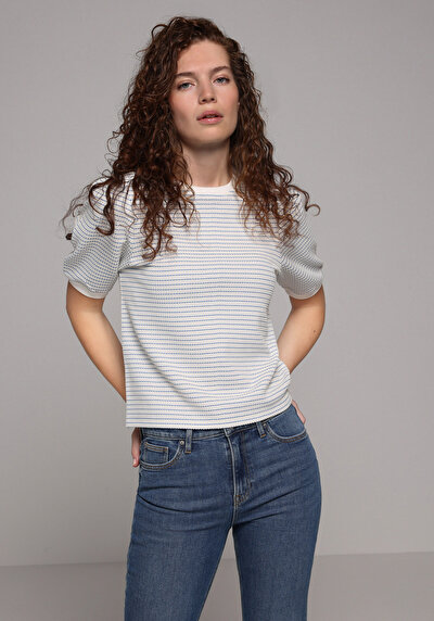 Afficher les détails de T-shirt À Manches Courtes Bleu Slim Fit Rayé Femme