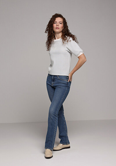 Image de T-shirt À Manches Courtes Bleu Slim Fit Rayé Femme