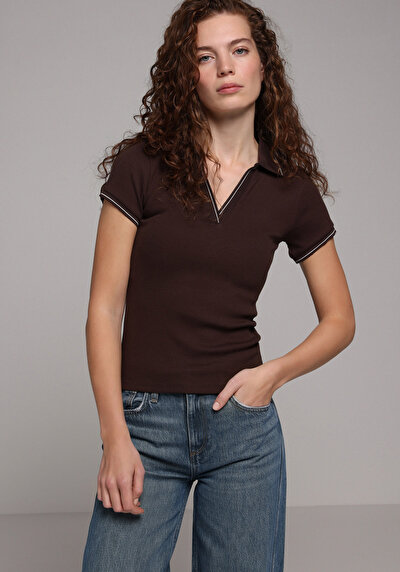 Image de Chemise Polo À Manches Courtes Marron Droit Slim Fit Femme