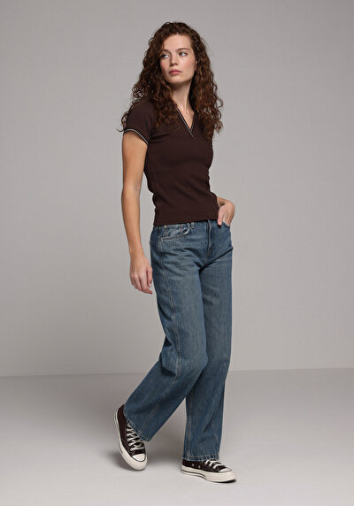 Image de Chemise Polo À Manches Courtes Marron Droit Slim Fit Femme
