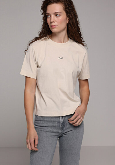 Afficher les détails de T-shirt À Manches Courtes Beige Boxy Fit Imprimé Femme