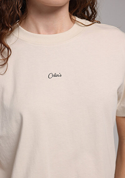 Image de T-shirt À Manches Courtes Beige Boxy Fit Imprimé Femme