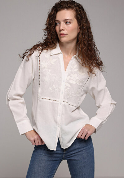 Image de Chemise À Manches Longues Blanc Fashion Fit Brodé Panama Femme