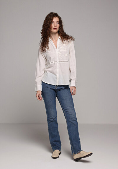 Image de Chemise À Manches Longues Blanc Fashion Fit Brodé Panama Femme