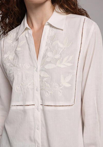 Image de Chemise À Manches Longues Blanc Fashion Fit Brodé Panama Femme