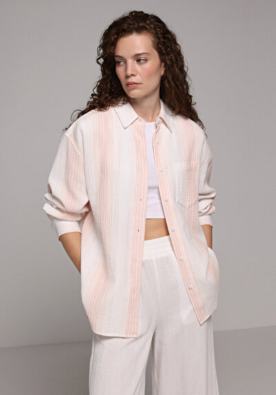 Image de Chemise À Manches Longues Saumon Oversize Rayé Mousseline Femme