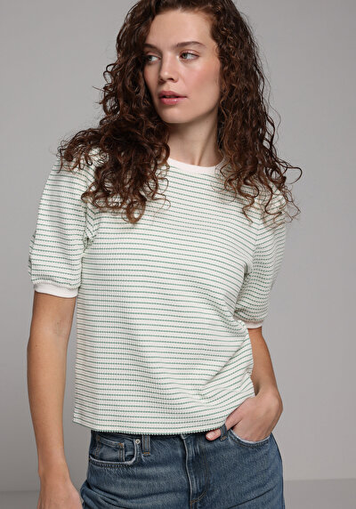 Afficher les détails de T-shirt À Manches Courtes Vert Slim Fit Rayé Femme