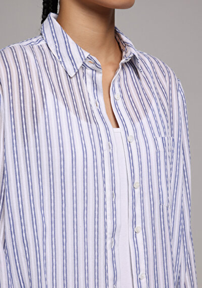 Afficher les détails de Chemise À Manches Longues Bleu Regular Fit Rayé Ratière Femme