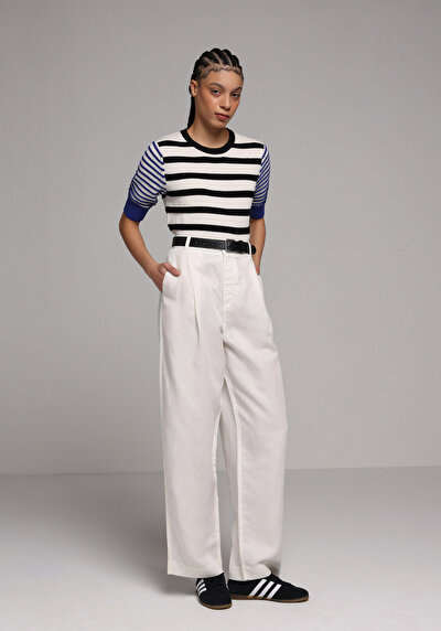 Image de Pantalon Blanc Wide Leg High Rise En Ratière Regular Fit Femme
