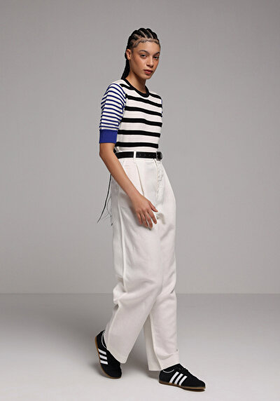 Image de Pantalon Blanc Wide Leg High Rise En Ratière Regular Fit Femme