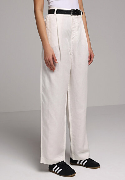 Image de Pantalon Blanc Wide Leg High Rise En Ratière Regular Fit Femme