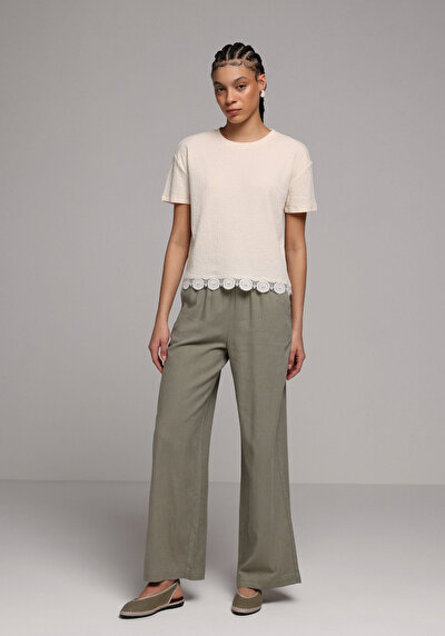 Image de Pantalon Vert Wide Leg High Rise En Uni Regular Fit Femme